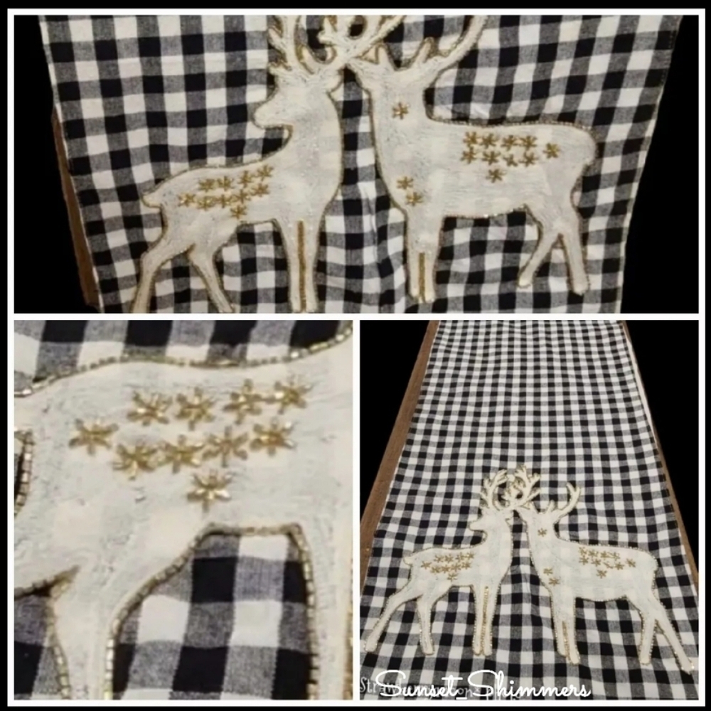 80" Mackenzie Style Checkered Sparkly Star Stag Reindeer Christmas Table Runner